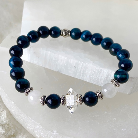 Genuine Herkimer diamond & blue tiger eye gemstones bead boho crystal bracelet - Picture 11 of 16